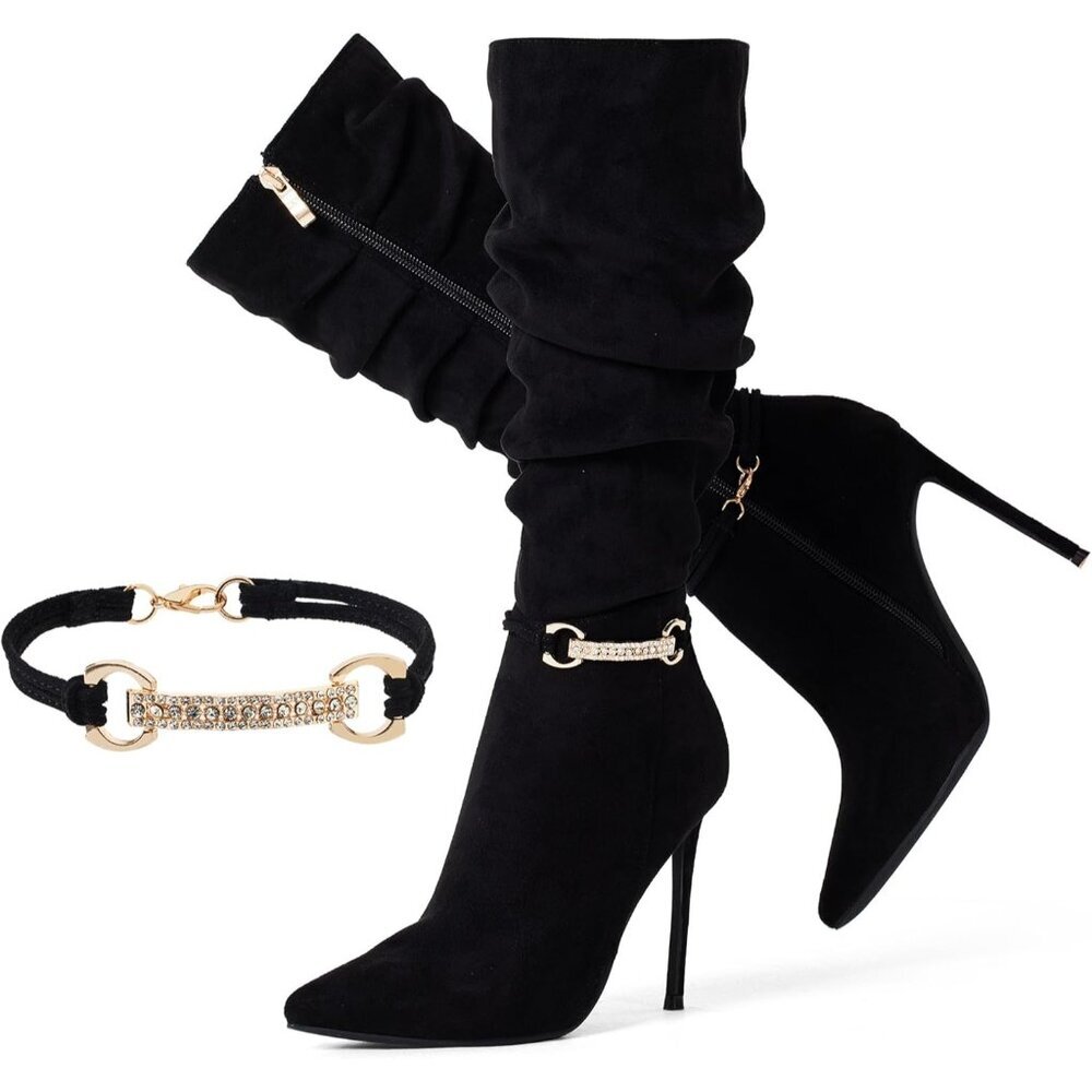 Women's Black Suede  Knee High Side Zipper  Pointed Toe Stylish Dress Boot